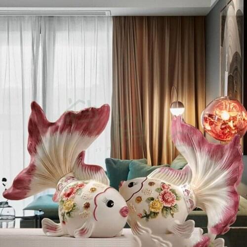Euroepan Ceramic Goldfish Couple Ornaments Home Livingroom Table Figurines Decoration Bookcase Office Desktop Furnishing Crafts