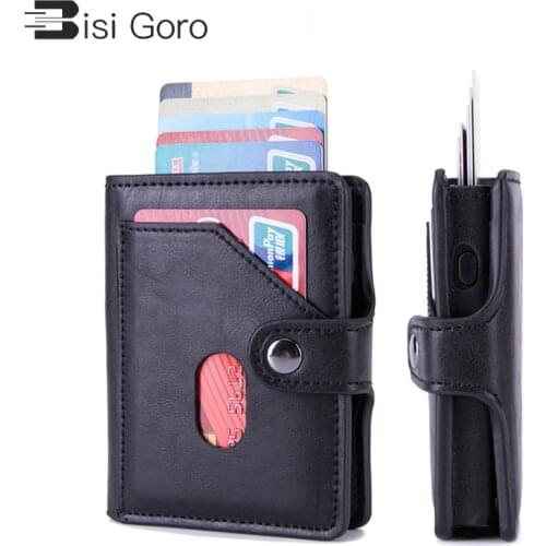 BISI GORO PU Leather Credit Card Holder Men Single Aluminum Wallet RFID Metal Wallet Automatic Pop-up Antitheft Purse Business