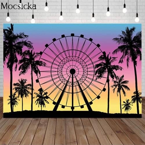Summer Sunset Ferris Backdrop Romantic Wheel Palm Tree Decor Kids Birthday Tropical Seaside Photography Background Photo Studio