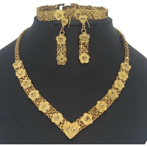 Gold Color & Copper Necklace Earrings Bracelet flowers love Wedding Birthday Party Gift Coins Jewelry set for Women