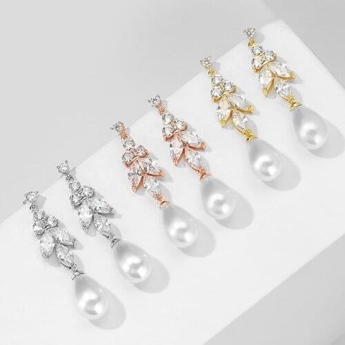 SLBRIDAL Fashion Jewelry Bijoux Anti-allergic Cubic Zirconia Pearls Earrings Charm Drop Earrings Bridal Women Dangle Earrings