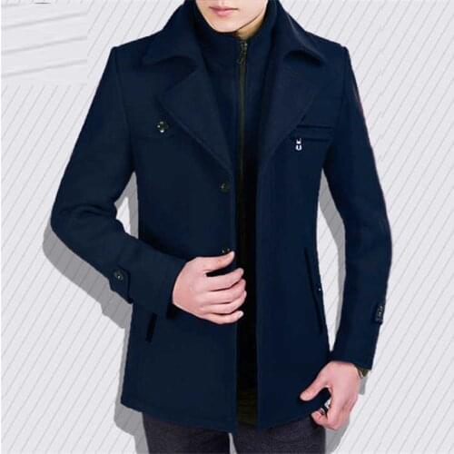 2019 new mens autumn and winter coat mens medium and long woolen jacket mens Mock Neck slim plus cotton thickened coat