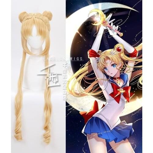 Sailor Tsuking Cosplay Long Curly Blonde Double Ponytail Heat Resistant Synthetic Usagi Hair Halloween Party + Free Wig Cap