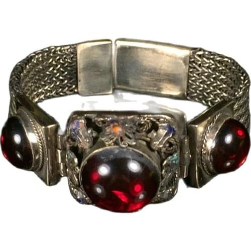 Qing Dynasty silver silk Cloisonne inlaid gem wide bracelet with movable silver hand ornaments