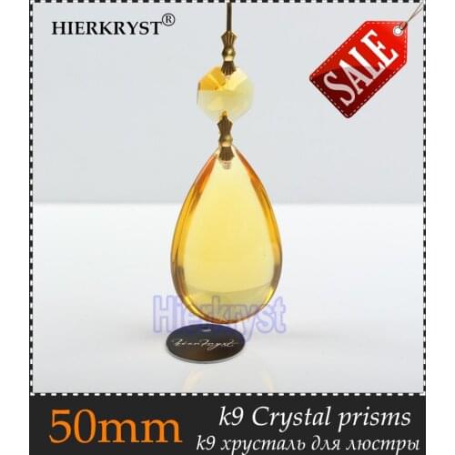 HIERKYST 10 pcs K9 Glass Crystal Prisms Pendants Chandeliers Parts Lustres Rainbow Lamp Lighting Hang Drops Golden 50mm #1947-3B