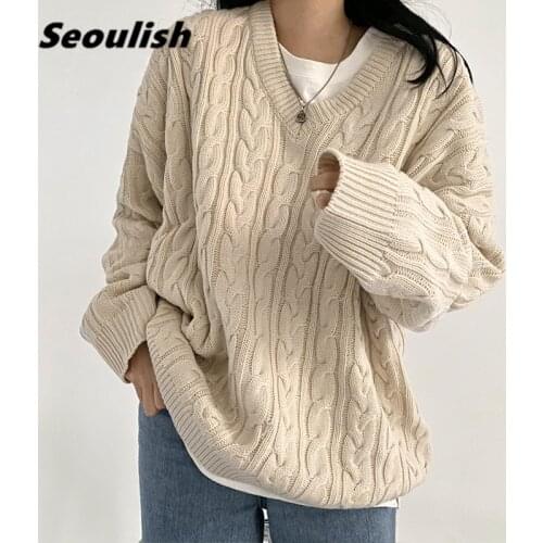 Seoulish Autumn Wnter 2021 New Retro Twist Warmth Pullover Women Sweater O-Neck Long-sleeved V-Neck Casual Loose Sweater Female