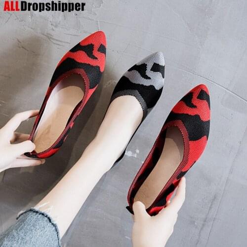 Womens Flat Shoes Casual Shallow Peas Shoes Woman Autumn Summer Breathable Knit Pointed Toe Single Shoes Girl Soft Ballet Shoes