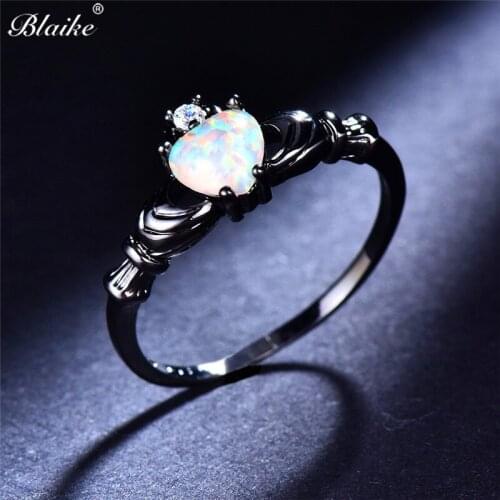 Blaike Fashion Heart White Fire Opal Rings For Women Black Gold Filled Engagement Ring Jewelry Boutique Christmas Halloween Gift