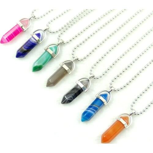 Natural stone stripe agates Quartz Crystal Mix Stone Hexagonal Column Pendant stainless steel Necklace women Fashion Jewelry