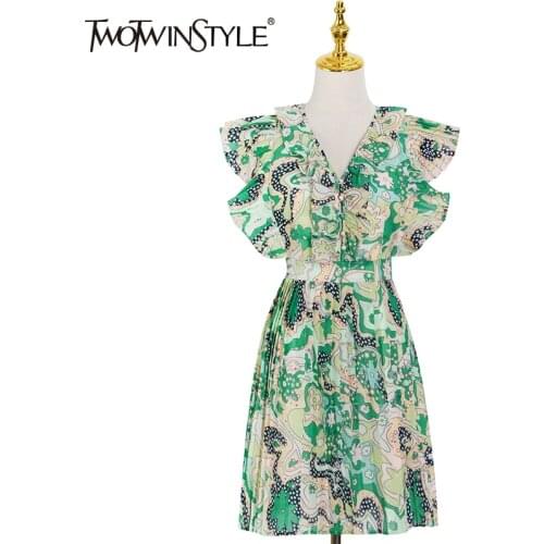 TWOTWINSTYLE Vintage Green Print Dress For Women V Neck Sleeveless High Waist Patchwork Ruffle Mini Dresses Female 2021 Clothing