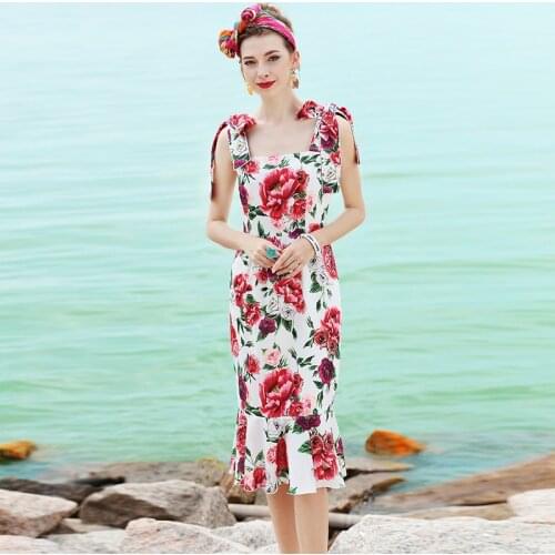 Women Dresses Fashion Summer 2018 Flowers Print Tank Spaghetti Strap Slash Neck Mermaid Slim European Hot Colorful Top Dress