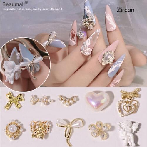10pcs/lot, 3d Nail Art Elegant Types Gold Alloy With Pearls Crystal Rhinestones Nail Tips Decorations