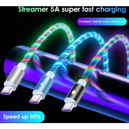 5A Flowing Colors LED Glow USB Charger Type C Cable for Android Micro USB Charging Cable for Samsung Charge Wire Cord