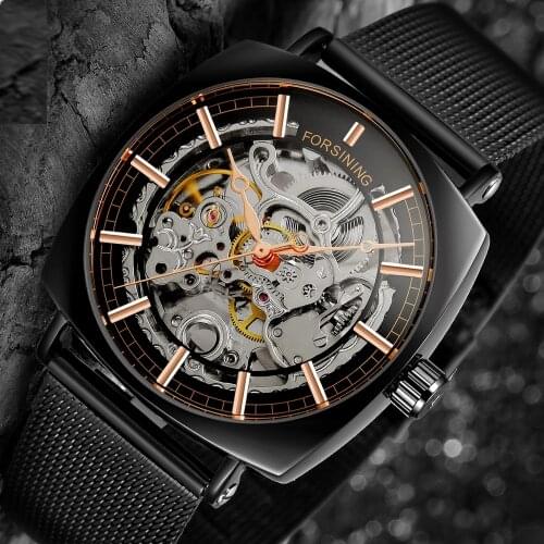 Forsining Brand Mens Mechanical Watches Square Retro Automatic Skeleton Ultra Thin Black Business Mesh Steel Belts Clock Relogio