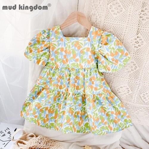 Mudkingdom Floral Dress for Girls Princess Casual Print Bow-knot Puff Sleeves Dresses Toddler Drop Shoulder Children Clothing