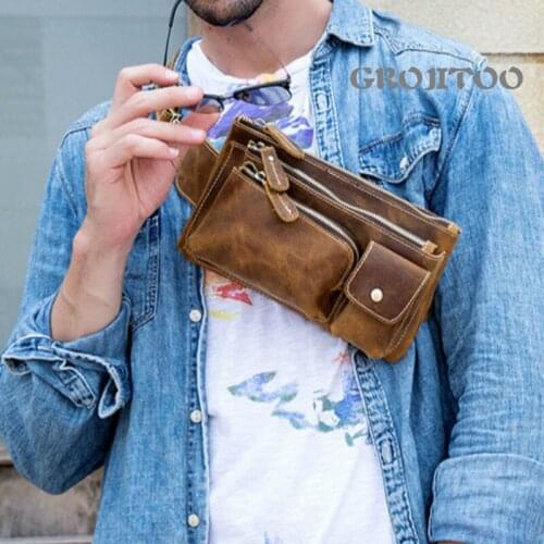 GROJITOO Mens leather chest bag crazy horse leather waist bag top leather leisure sports messenger bag mobile phone bag