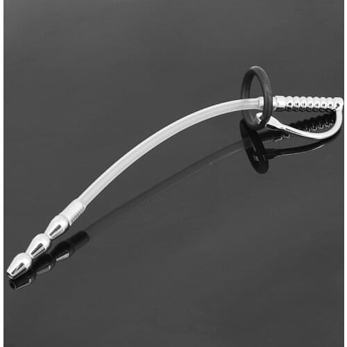 Happygo, Stainless Steel Urinary Catheter Medical Silicone Pipe with Loop Ring Mens Long Fetish Chastity Sex Toy Adult Game 603
