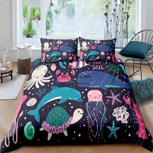 Blue Whale Cartoon Bedding Set Ocean Animal Queen King Twin Size Duvet Cover Luxury Children Bedclothes Quilt Covers Pillowcases