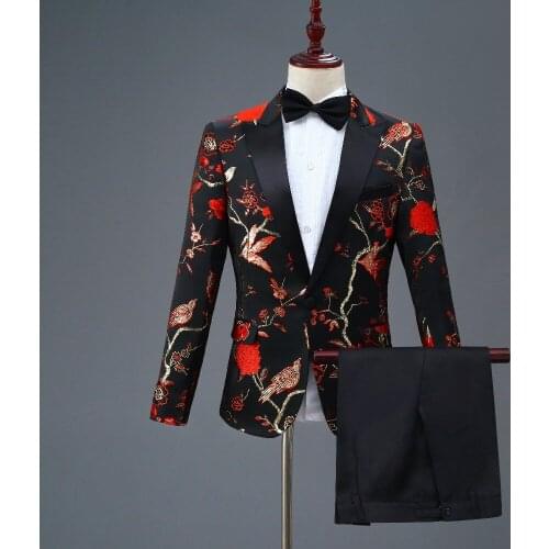 Costume Homme Flower Business Men Suits 2 Pieces Slim Fit Wedding Tuxedos Groomsmen Best Man Formal Suit for Men Tuxedos