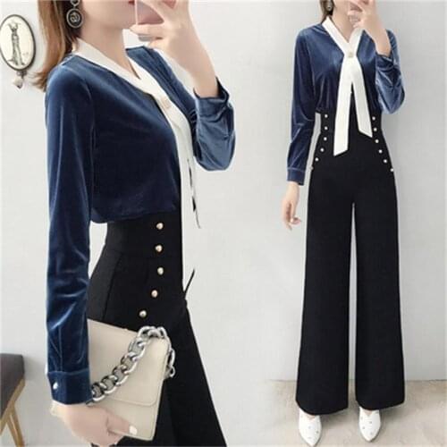 Fashion wool wide leg pants suit female spring new high-end casual gold velvet shirt + wide leg pants two-piece suit women