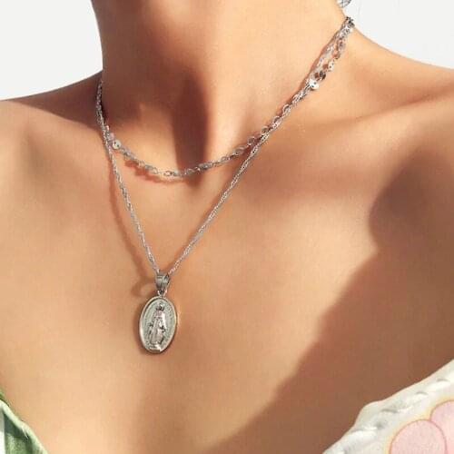 Coin Virgin Mary Medallion Pair with Cross Pendant Necklaces Religious Jewelry Gold Miraculous Medal Patron Saint of Generosity