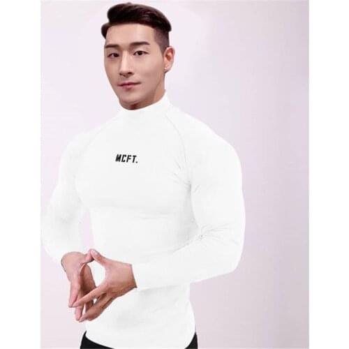 Mens Autumn and Winter Gym Brand Casual Clothing Fitness Breathable Fashion Trend Middle Collar Long Sleeve Slim Sports T Shirt
