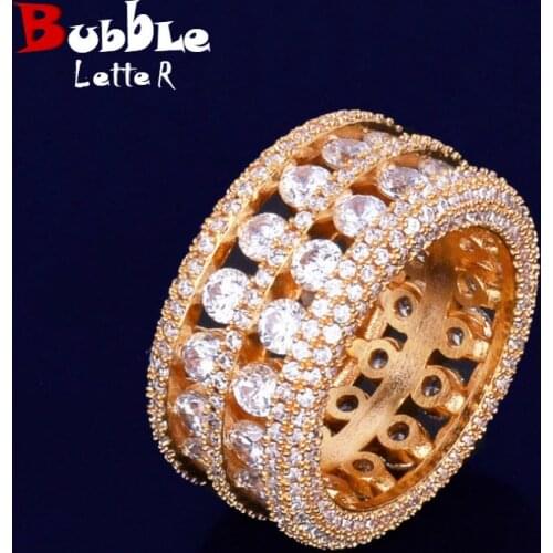 7 Row Solitaire Mens Ring Copper Charm Gold Color Bling AAA Cubic Zircon Iced RING Fashion Hip Hop Jewelry For Gift