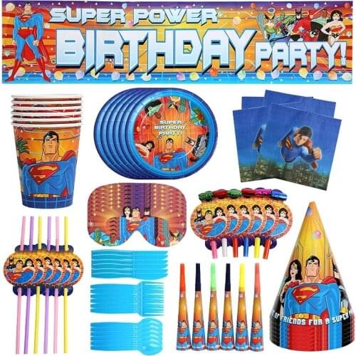 Cartoon Superman Batman Party Supplies Set Superhero Party Disposable Tableware Childrens Birthday Party Decoration Set