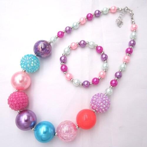 New Arrival Toddler Girls Colorful Chunky Pearl Beaded Match Up With Dress Bubblegum Necklace Bracelet Jewelry Set Gift To Child