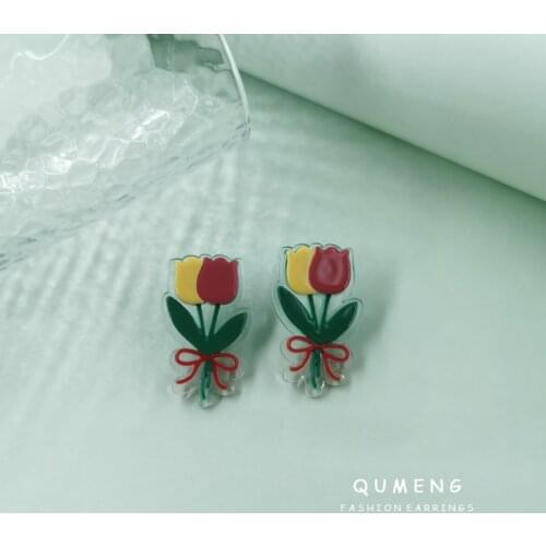 QUMENG New Elegant Simple Sweet Acrylic Tulip Flower Stud Earrrings For Women Color Creative Resin ear clips Female Jewelry