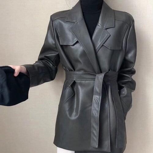 Faux Leather Coats Women Fashion Slim PU Jackets Women Elegant Tie Belt Waist Coats Female Ladies