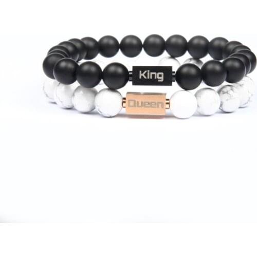 Ailatu Couple Jewelry King and Queen Logo Stainless Steel Cube 8mm Natural Black and White Stone Bracelet 10 Pieces Wholesale