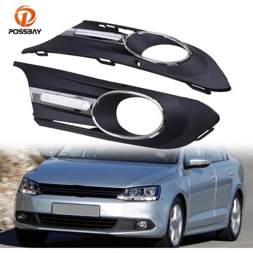 POSSBAY 2Pcs Car Front Bumper Lower LED Fog Light Cover Black Grille with Wire Harness for VW Jetta MK6 2011-2014 Pre-facelift