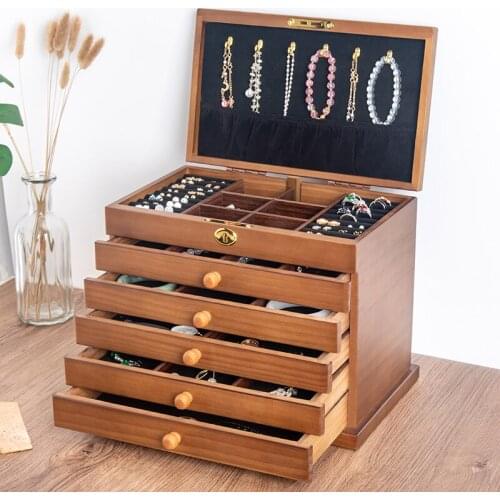 Six-Layer Solid Wood Jewelry Box Large Capacity Vintage Lockable Earrings Necklace Jewelry Gift