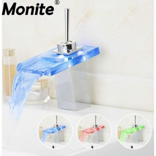 LED Light Waterfall Bathroom Glass Chrome Brass Deck Mounted Sink Torneira Faucets,Mixer Taps Swivel Handle Basin Faucet