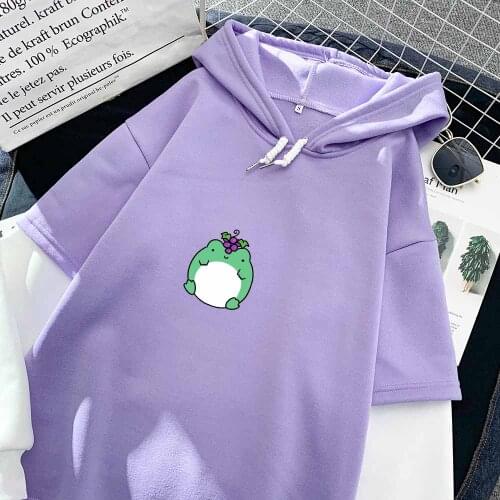 Grape Frog Print Harajuku Sweatshirt Kawaii Oversized Hoodie Vintage Loose Long Sleeve Top Warm Autumn Cute Style Women Pullover