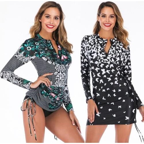 Long Sleeve Tankini Skirt Women Swimwear Plus Size Two Piece Retro Print 2020 Ruched Bandage Bathing Suit Swimdress Beachwear