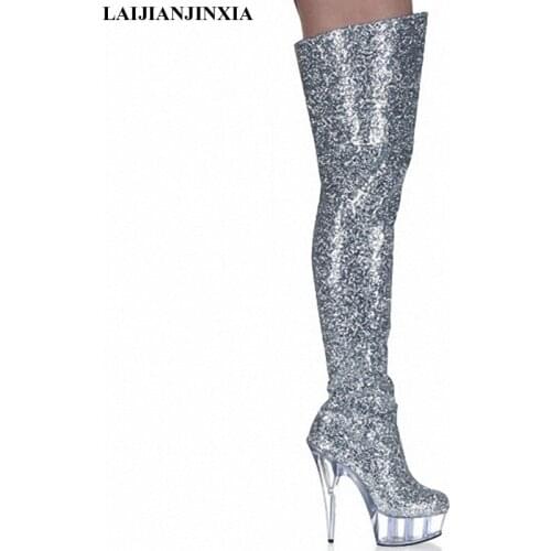 New Big size 34-46, Glitter PU Leather Knee High Boots Women Crystle High Heels Platform Over The Knee Boots Night Dance Shoe