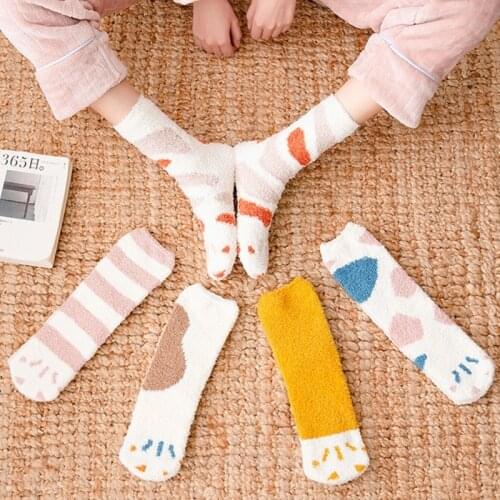 Women Girls Winter Coral Velvet Slipper Home Socks Cartoon Cat Paw Claw Pattern Contrast Color Fuzzy Fluffy Cozy Warm Floor