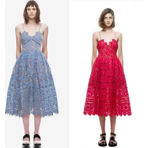 Summer Beach Wear Womens Sexy Spaphetti Strap Mid-Calf Crochet Lace Dress V Neck Backless Open Back Self Portrait Dress