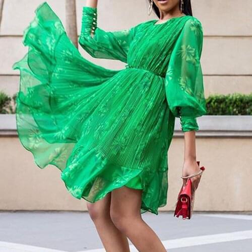 Western Style Fashion Oversize Ladies Dress Casual African Temperament Green Printing Chiffon Folds Round Neck Lantern Sleeve