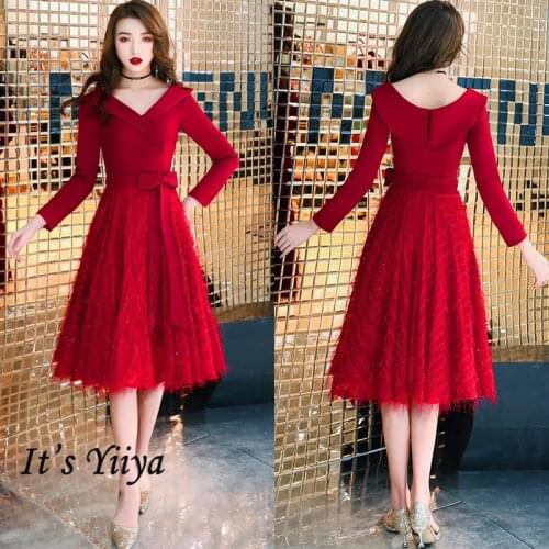 Its Yiiya Burgundy Evening Gown Long Sleeve Zipper Patchwork Short Evening Dress 2020 Plus Size V-Neck Bow Robe De Soiree K317