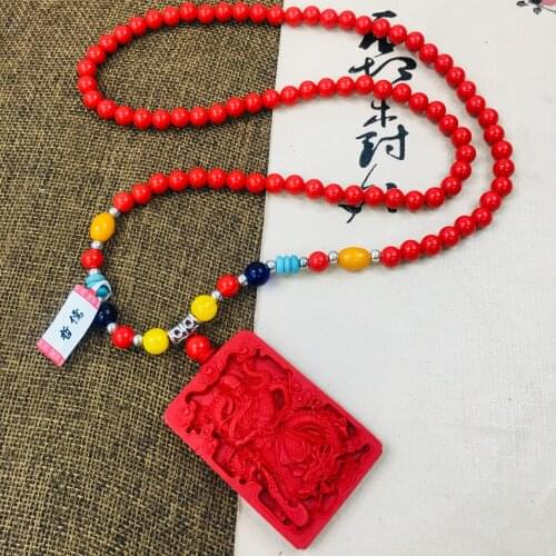 Zheru Jewelry Natural Cinnabar Carving Station Guan Gong Pendant with Tri-Color Bead Necklace Male Sweater Chain