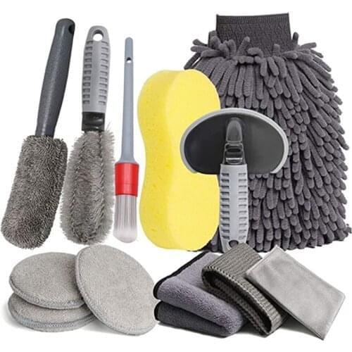 12 Pcs Car Wash Cleaning Set Auto Wash Gloves Microfiber Sponge Gloves Towel Wheel Hub Brush Pad Wipe Cloth T Shape Tire Clean