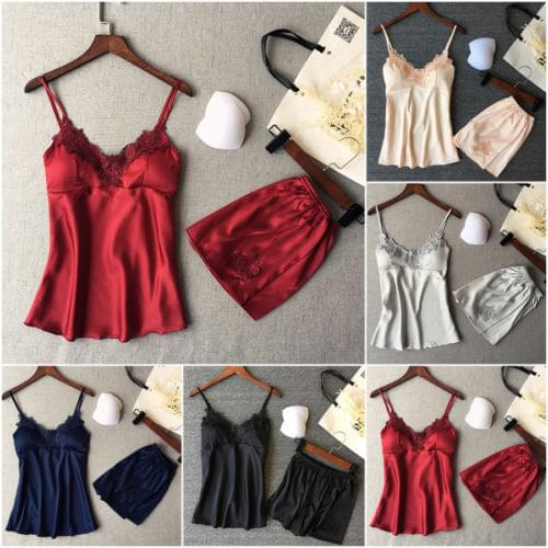 2pcs Women Sexy Sleepwear With Bra Cotton Women Sleeveless Straps Tank Top Satin Silk Strap Lace Sleepwear