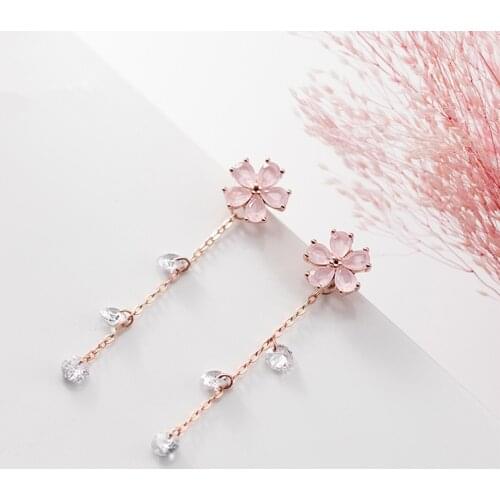 2021 Luxury Charm Clear Zircon Cherry Blossom Flower Earrings Long Tassel Dangle Earring 100% 925 Sterling Silver Ear Jewelry