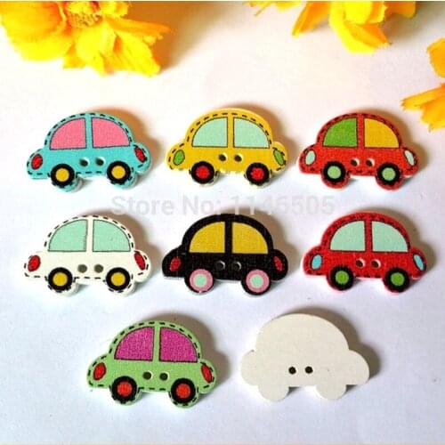 50PCs Random Mixed Lovely Car buttons 2 Holes Wood Painting Sewing Buttons Scrapbooking 25x17mm