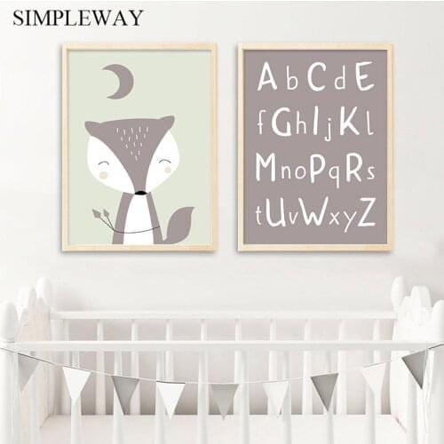 Alphabet Fox Wall Art Canvas Poster Woodland Animal Cartoon Nursery Print Painting Decorative Picture Nordic Kids Bedroom Decor