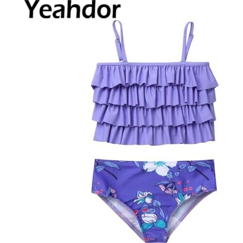 Kids Girls Floral Print Swimsuits Beachwear Adjustable Spaghetti Straps Layer Ruffle Hem Tops and Bottoms Set Bathing Suit