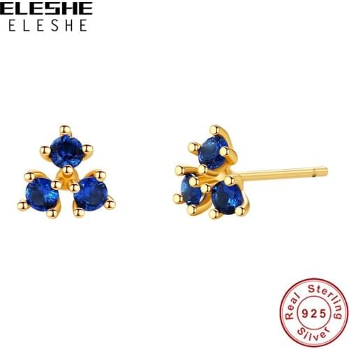 ELESHE European 18K Gold Plated Blue CZ Stud Earring 925 Sterling Silver Fine Earrings for Women Wedding Party Jewelry